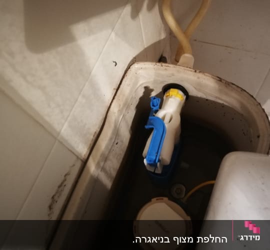מיכל שירותים עם מנגנון פלסטיק כחול ולבן